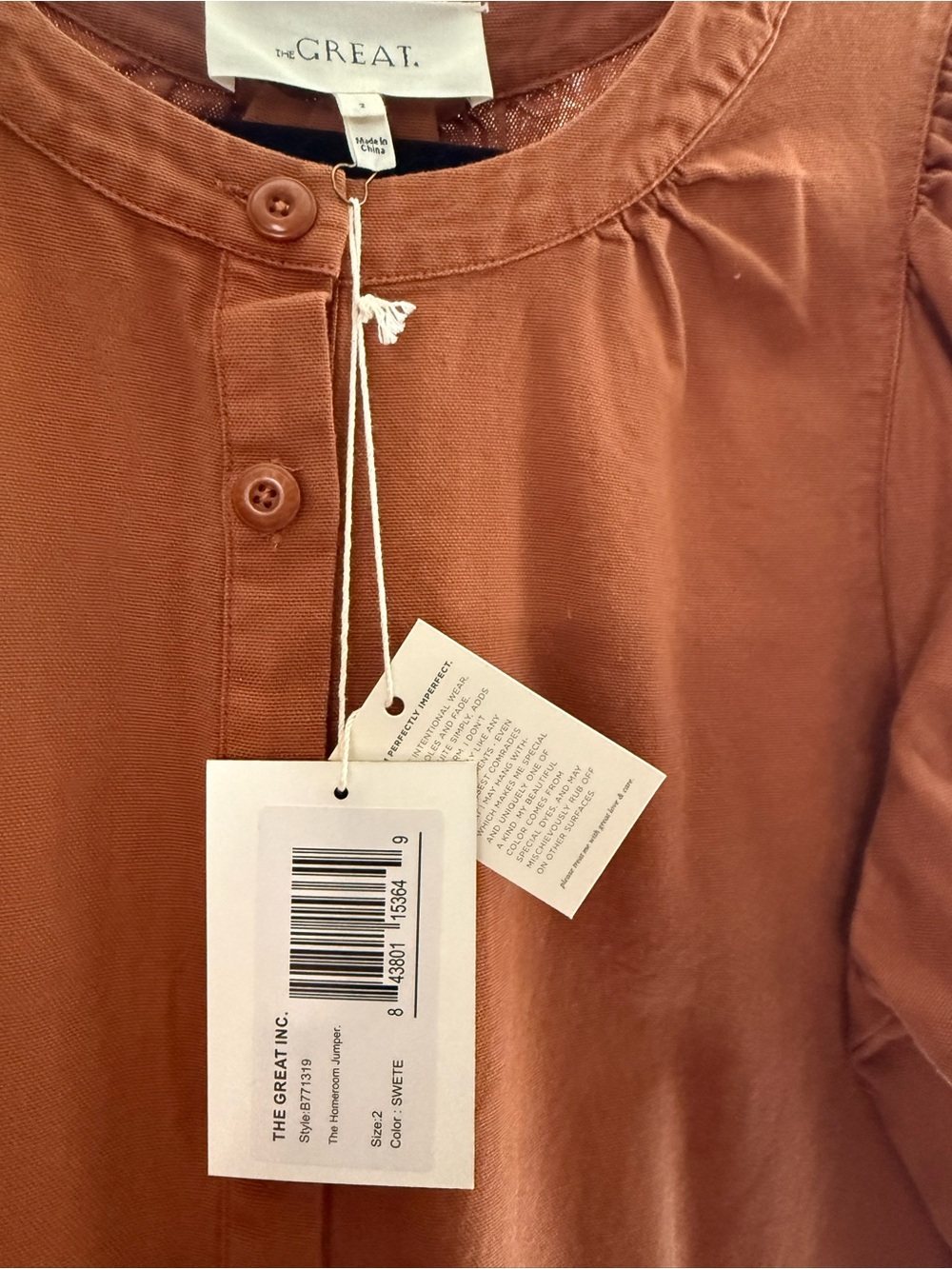 THE GREAT. Rust Button-Front Puff Sleeve jumpsuit - Picture 3 of 10